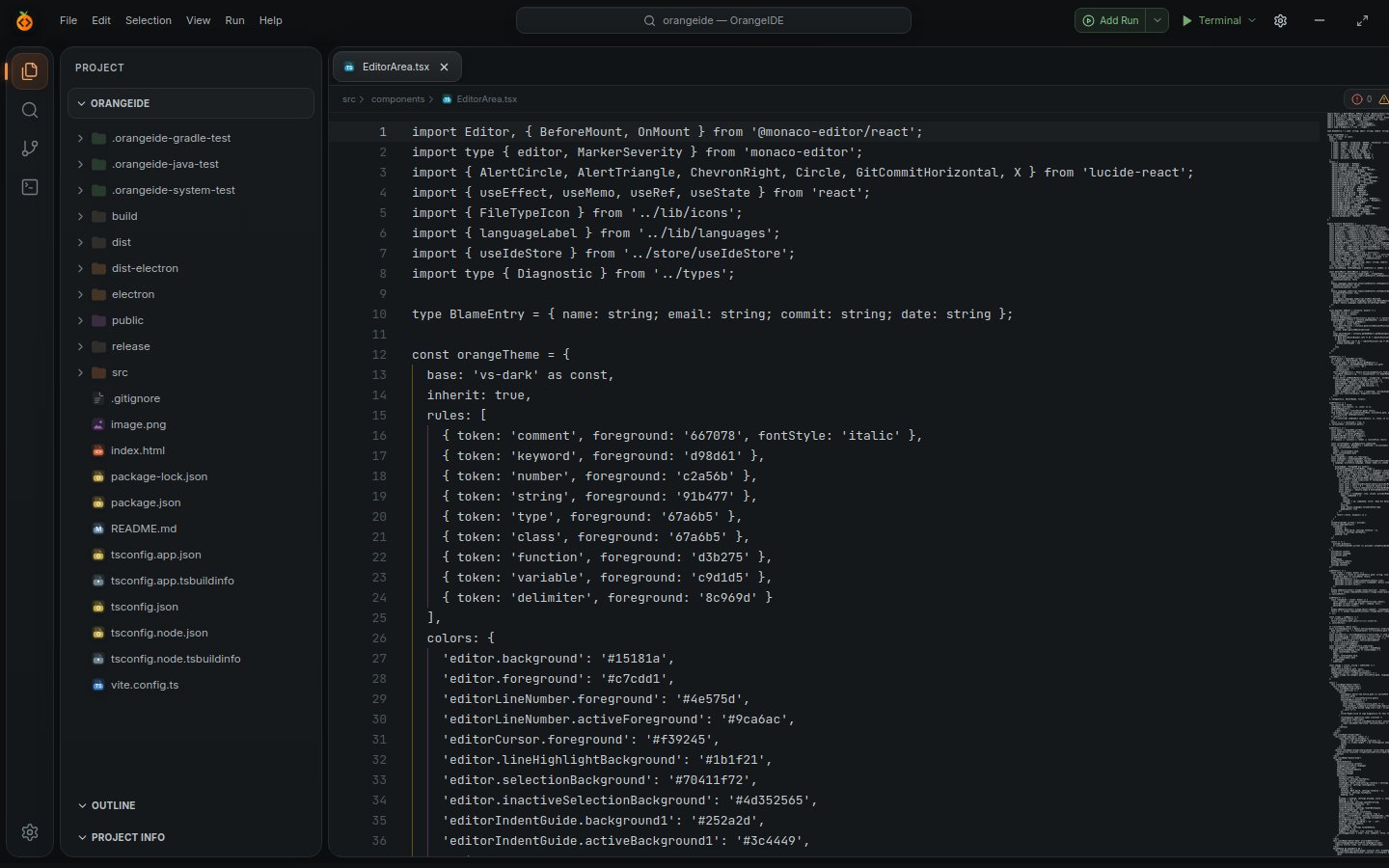 OrangeIDE editor with a TypeScript project open